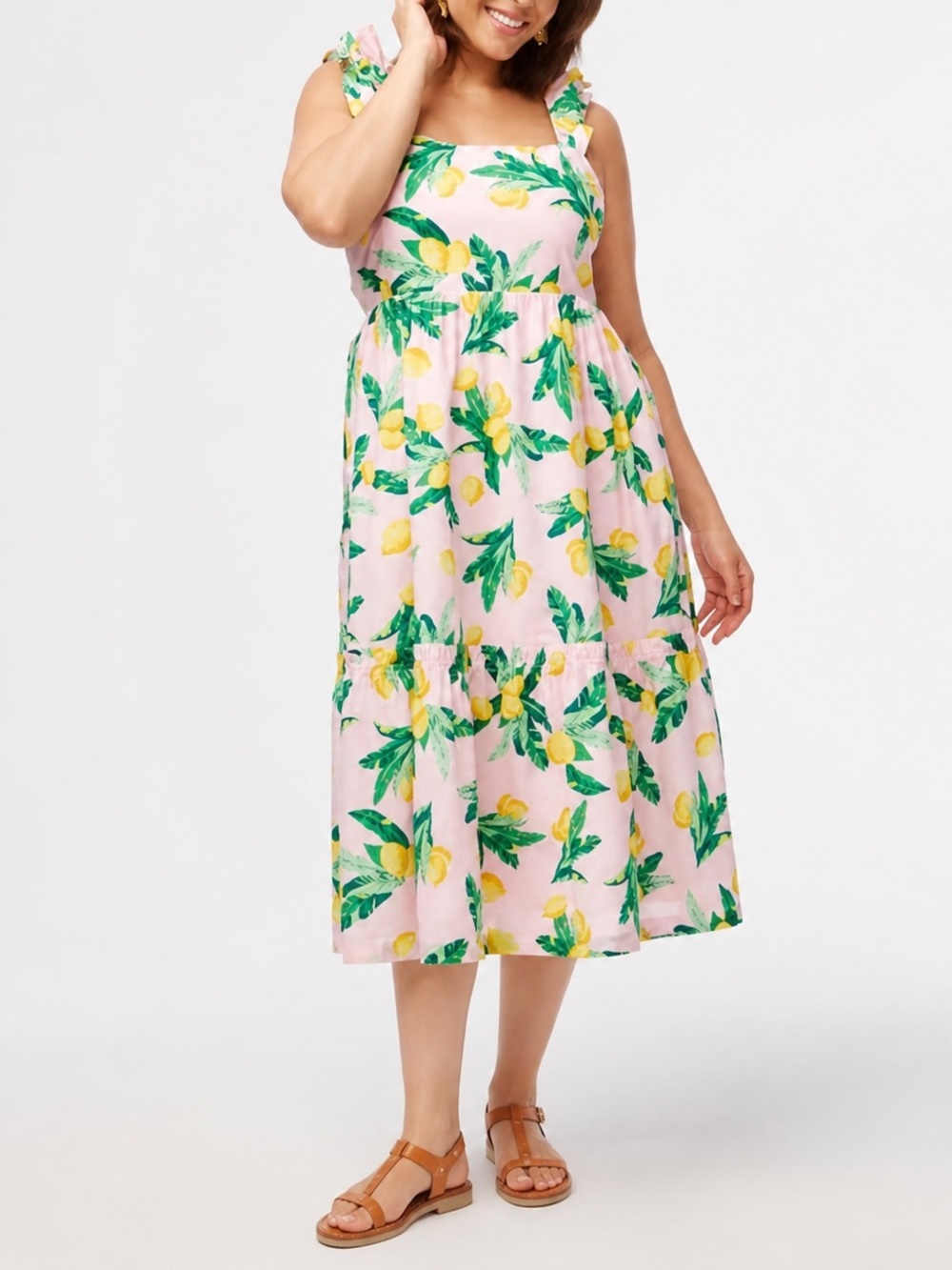 J.Crew Pink Lemon Print Midi Dress Ruffle Strap Smocked Back Size 18 Euro Summer
